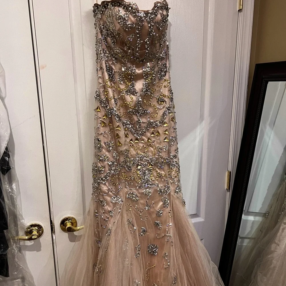 Jovani Blush Pink and Silver Embellished Strapless Mermaid Gown - Picture 6 of 9